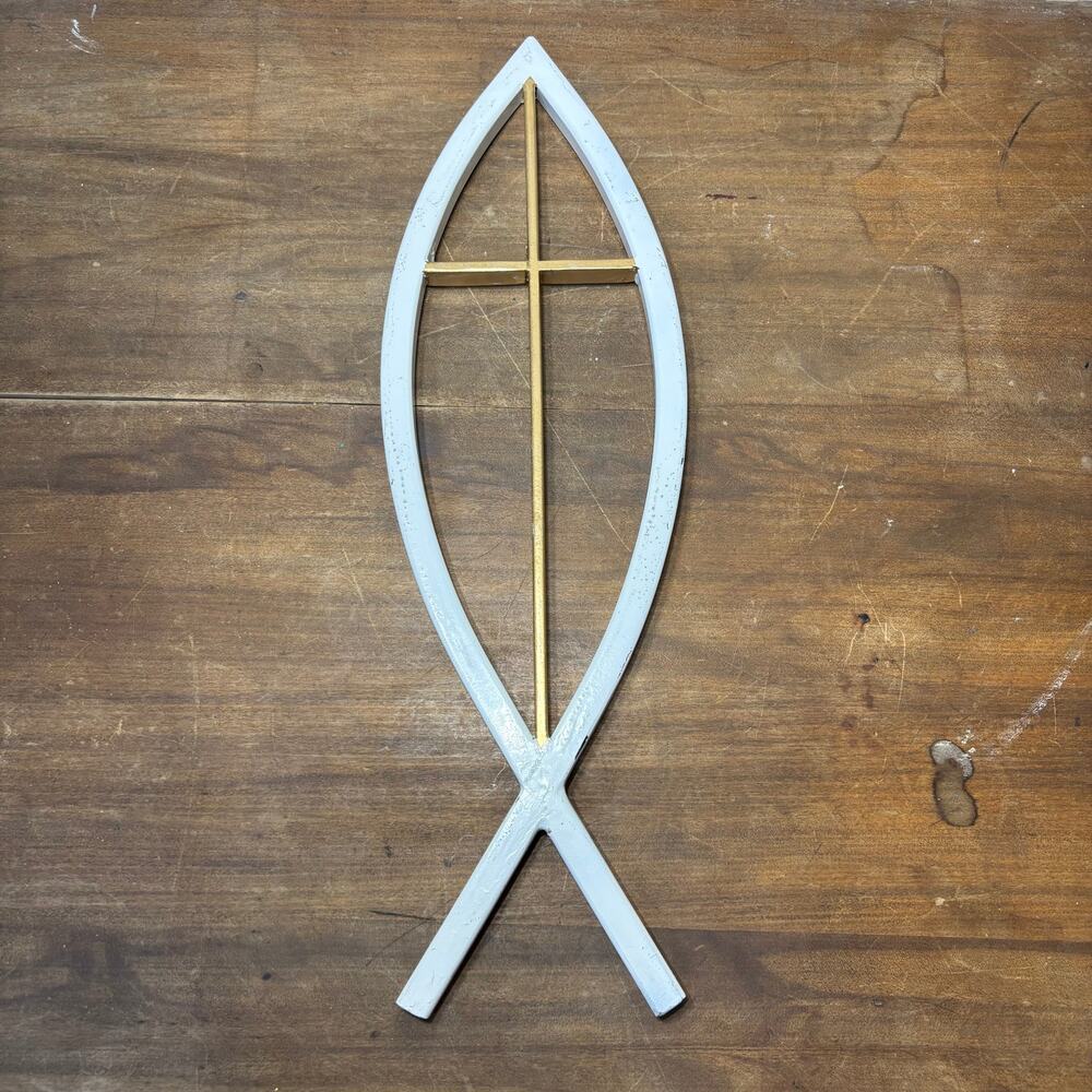 White Metal Ichthys Jesus Fish Wall Decor with Gold Cross